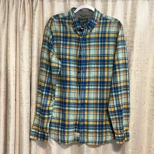 Woolrich Blue & Yellow Plaid Button Up Top 100% Organic Cotton Men's Size Large!